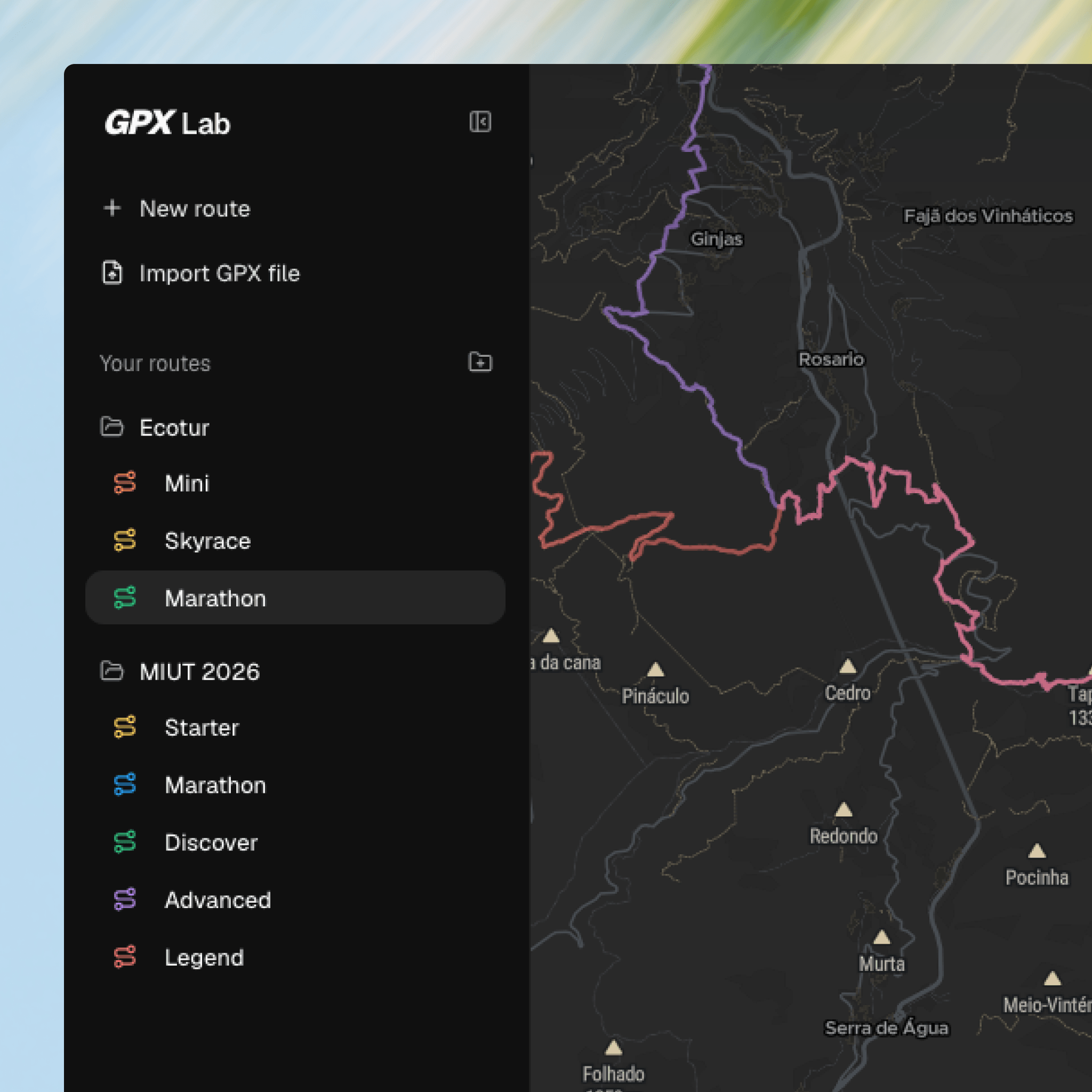 GPX Lab interface showing route folders and coloured routes on a map
